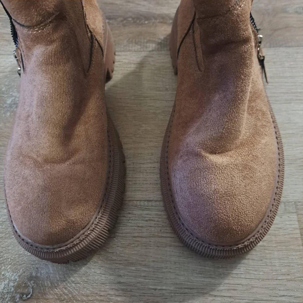 Fashion Boots Tan Brown Mid-Calf Suede Like Faux Fur-Lined Zipper Women Size 39